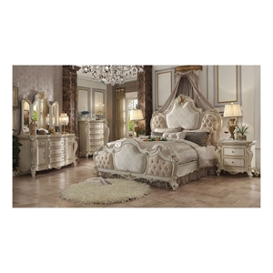 Bowery Hill Eastern King Bed with Tufted Upholstery in Antique Pearl Finish