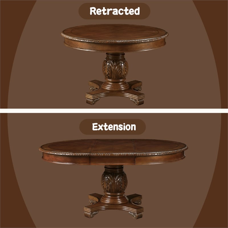 Bowery Hill Round Single Pedestal Dining Table with Removable Leaf in Cherry
