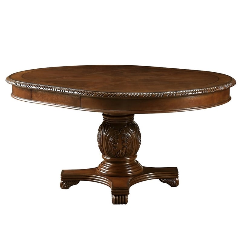 Bowery Hill Round Single Pedestal Dining Table with Removable Leaf in Cherry
