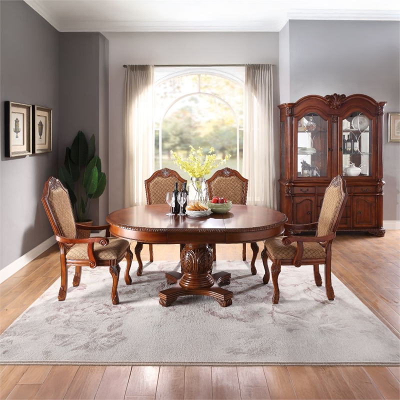 Bowery Hill Round Single Pedestal Dining Table with Removable Leaf in Cherry
