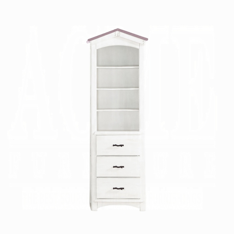 Bowery Hill Wooden Bookcase Cabinet with 3 Drawers in Pink and White