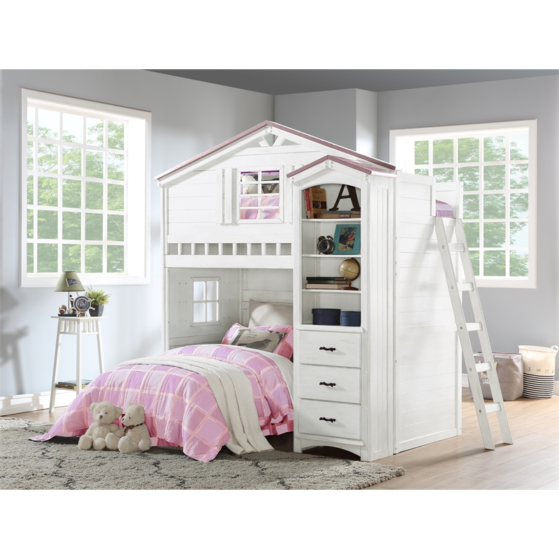 Bowery Hill Wooden Bookcase Cabinet with 3 Drawers in Pink and White