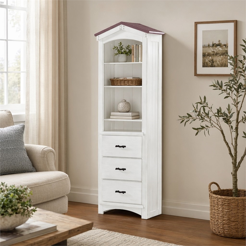 Bowery Hill Wooden Bookcase Cabinet with 3 Drawers in Pink and White