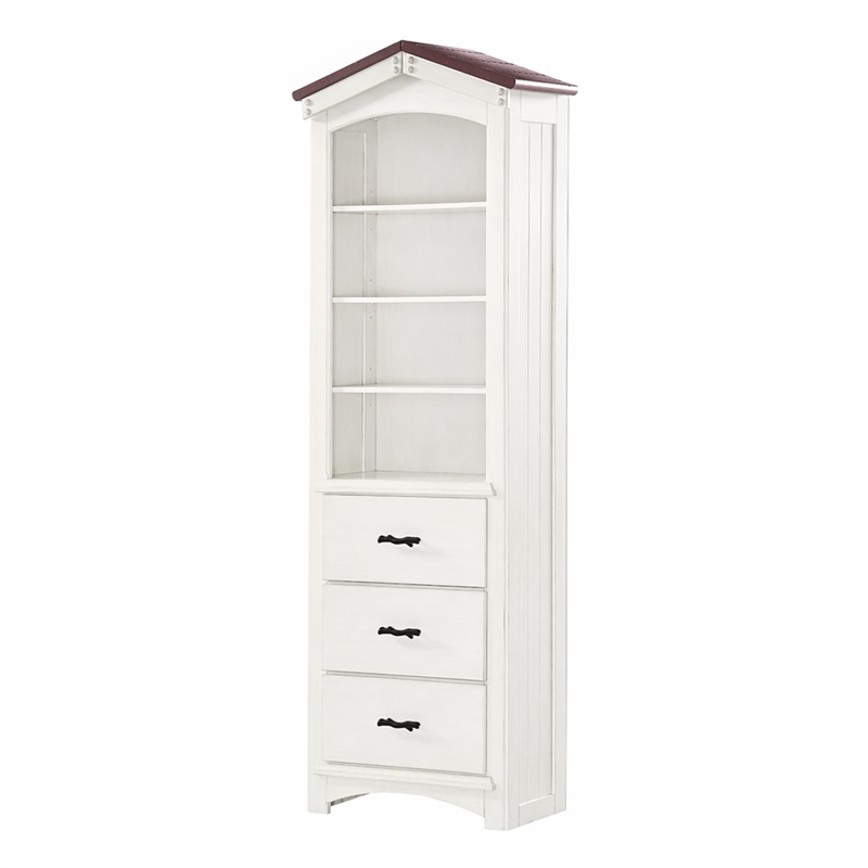 Bowery Hill Wooden Bookcase Cabinet with 3 Drawers in Pink and White