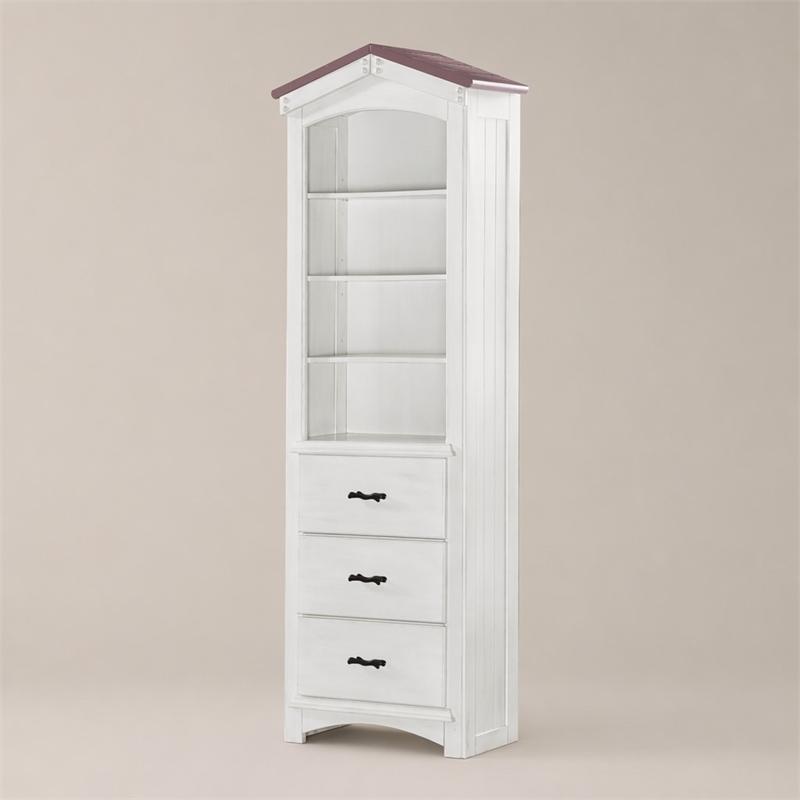 Bowery Hill Wooden Bookcase Cabinet with 3 Drawers in Pink and White