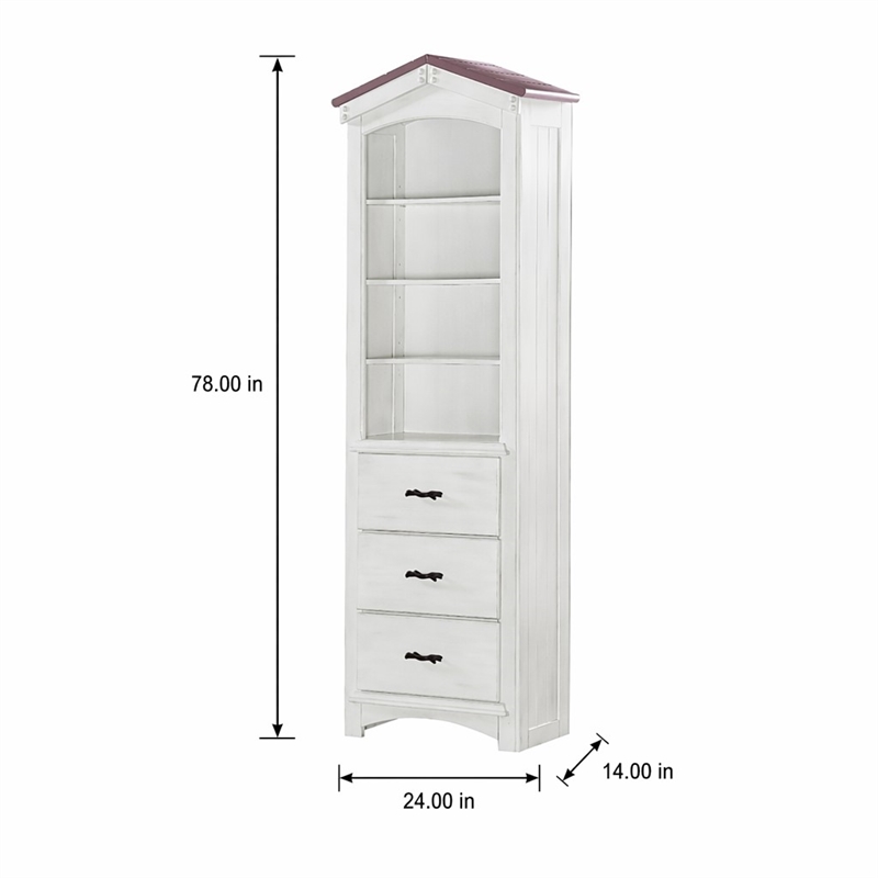 Bowery Hill Wooden Bookcase Cabinet with 3 Drawers in Pink and White