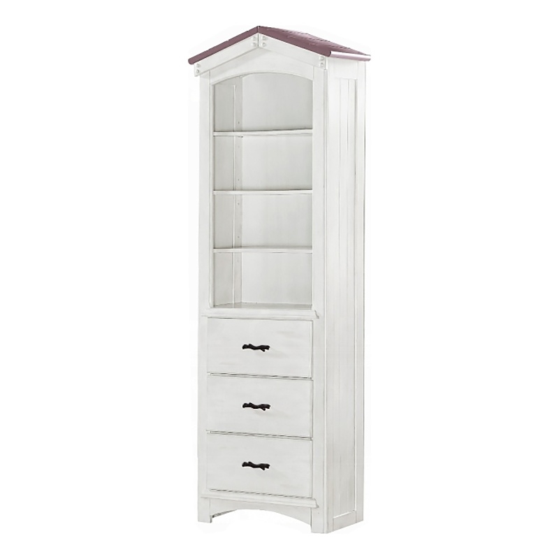 Bowery Hill Wooden Bookcase Cabinet with 3 Drawers in Pink and White