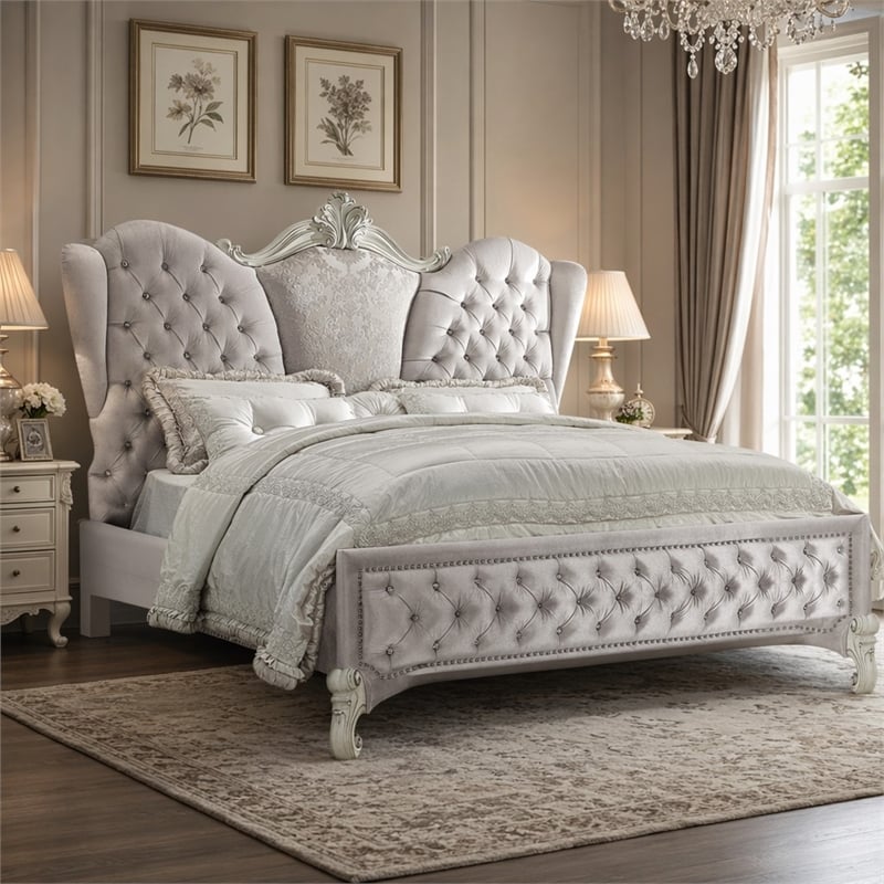 Bowery Hill King Upholstered Bed with Tufted Headboard in Ivory Velvet