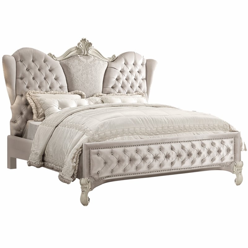 Bowery Hill King Upholstered Bed with Tufted Headboard in Ivory Velvet