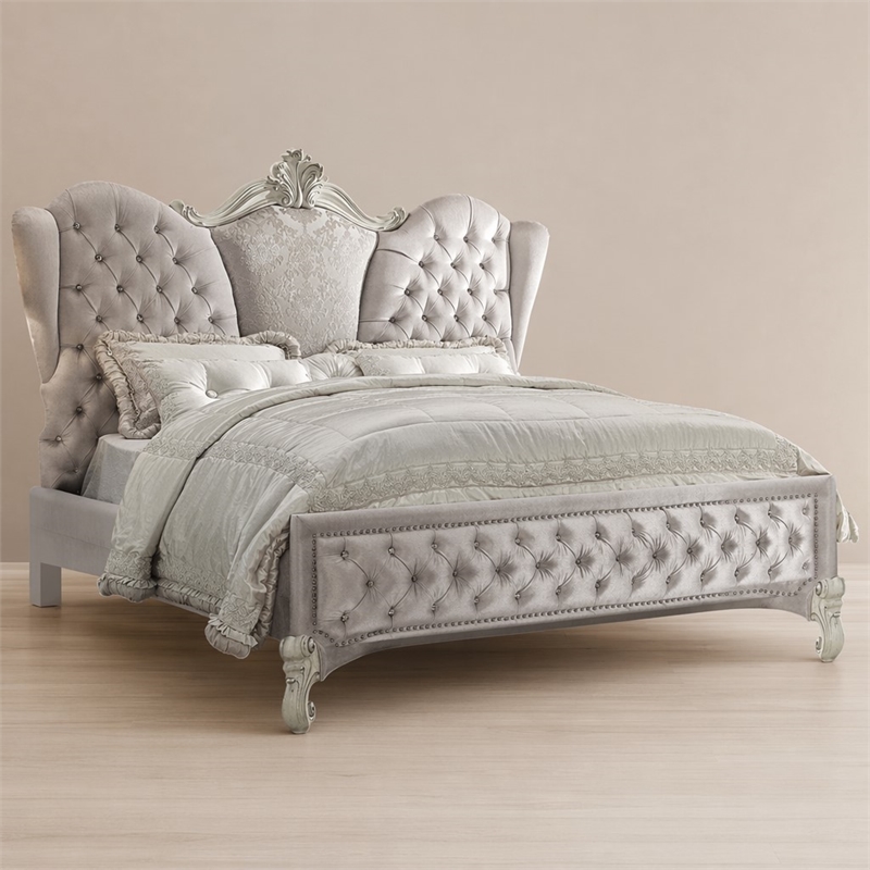 Bowery Hill King Upholstered Bed with Tufted Headboard in Ivory Velvet