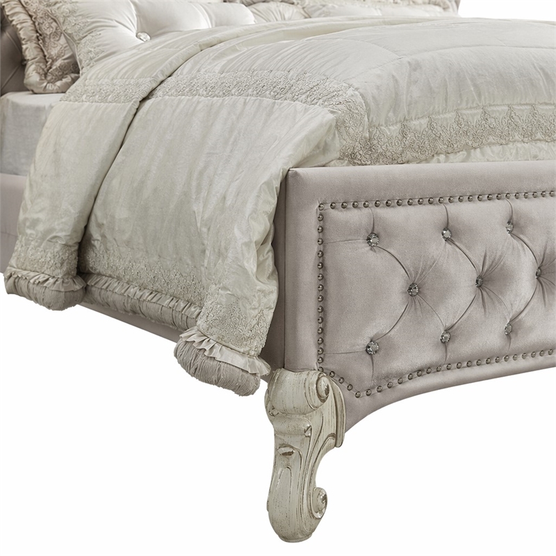 Bowery Hill King Upholstered Bed with Tufted Headboard in Ivory Velvet
