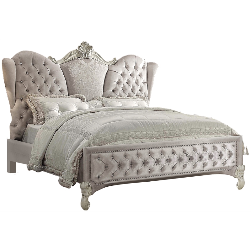 Bowery Hill King Upholstered Bed with Tufted Headboard in Ivory Velvet