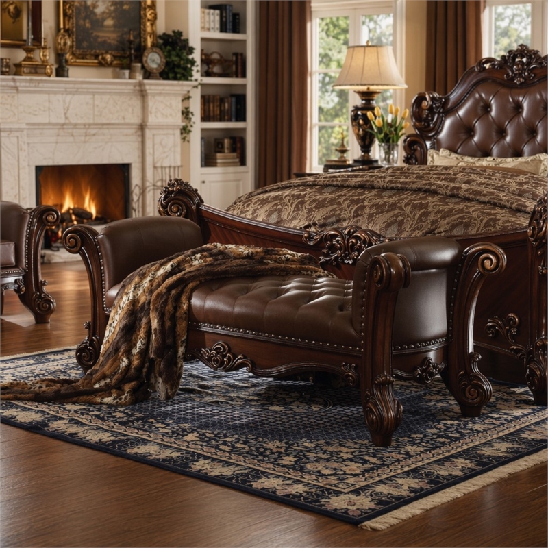 Bowery Hill Upholstered Bench with Tufted Seat in Cherry Finish