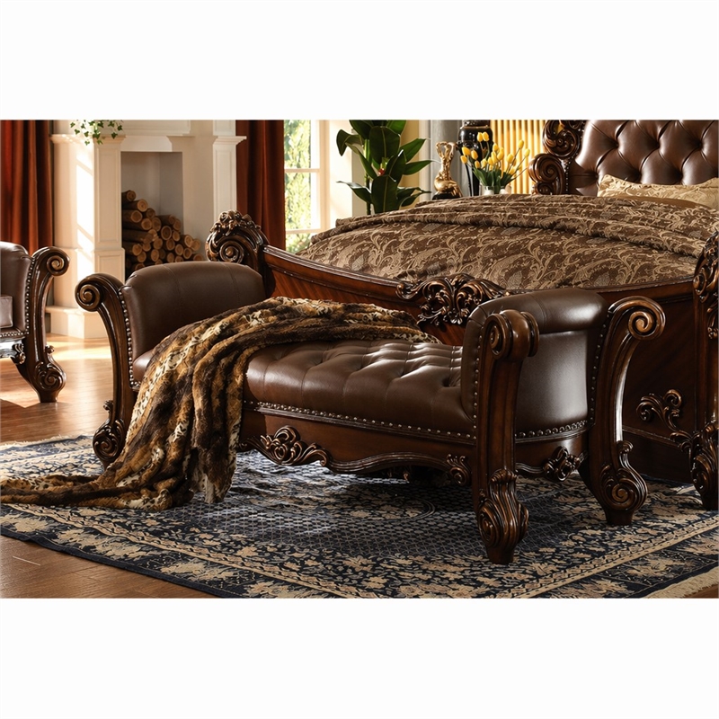 Bowery Hill Upholstered Bench with Tufted Seat in Cherry Finish