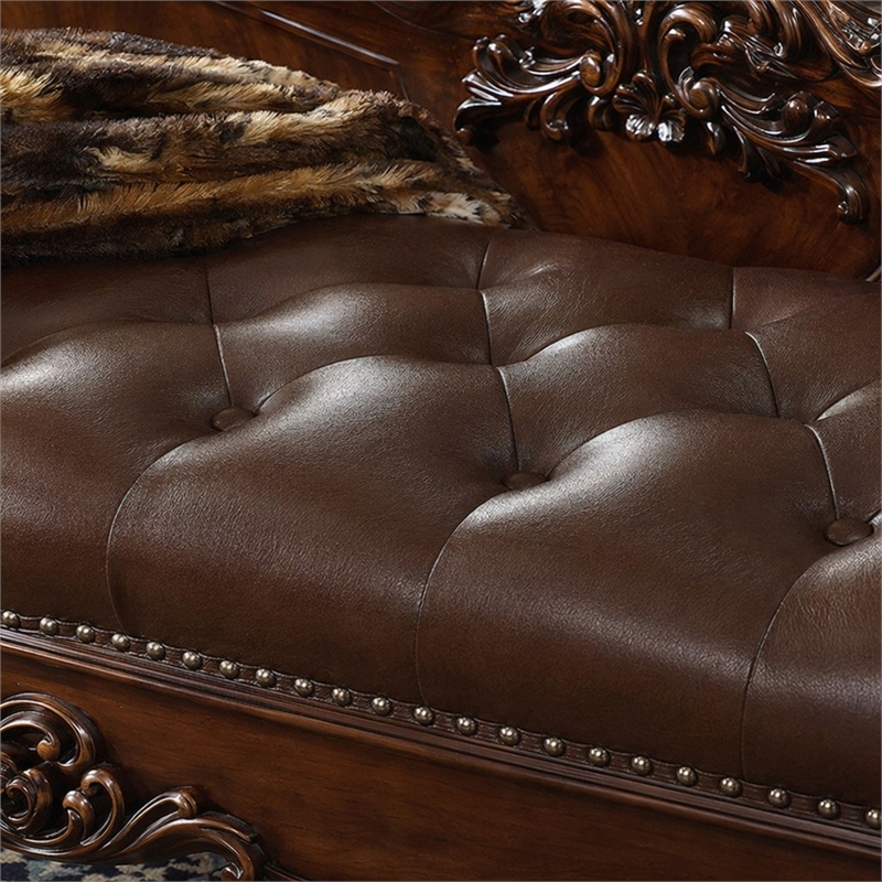 Bowery Hill Upholstered Bench with Tufted Seat in Cherry Finish