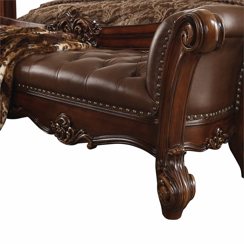 Bowery Hill Upholstered Bench with Tufted Seat in Cherry Finish
