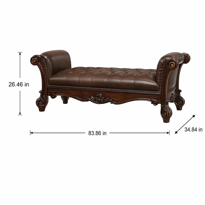 Bowery Hill Upholstered Bench with Tufted Seat in Cherry Finish