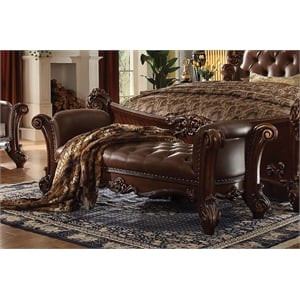 Bowery Hill Upholstered Bench with Tufted Seat in Cherry Finish