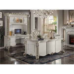 Bowery Hill Wooden Computer Desk and Hutch in Antique Pearl with Storage