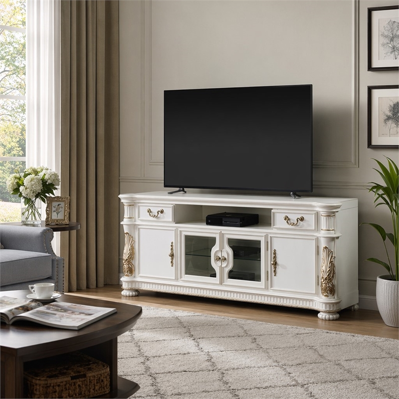 Bowery Hill Transitional Wood TV Stand for TVs up to 83 in Pearl Finish