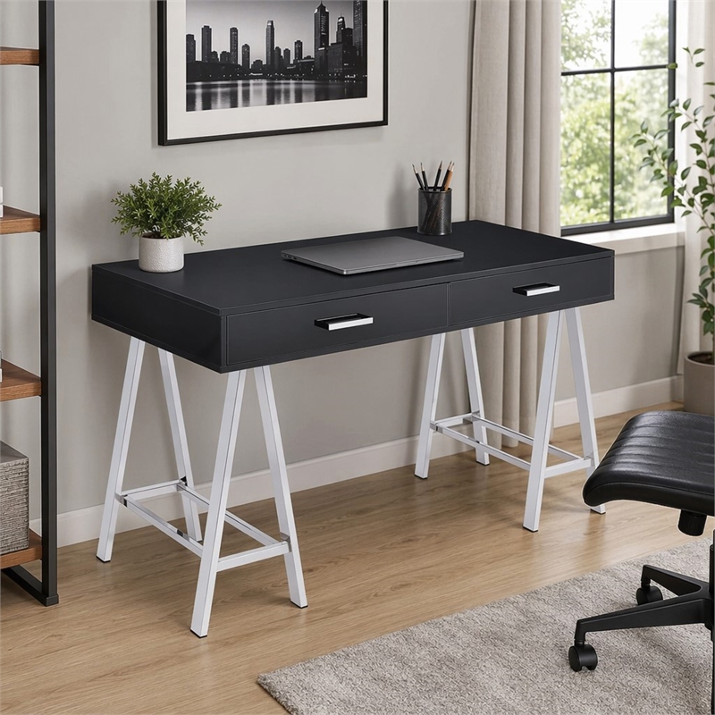 Bowery Hill 2-Drawer Metal Home Office Desk with Glossy Black Top