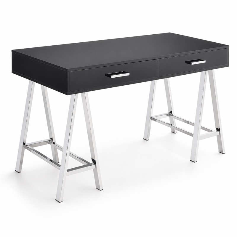 Bowery Hill 2-Drawer Metal Home Office Desk with Glossy Black Top