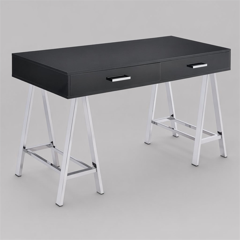 Bowery Hill 2-Drawer Metal Home Office Desk with Glossy Black Top