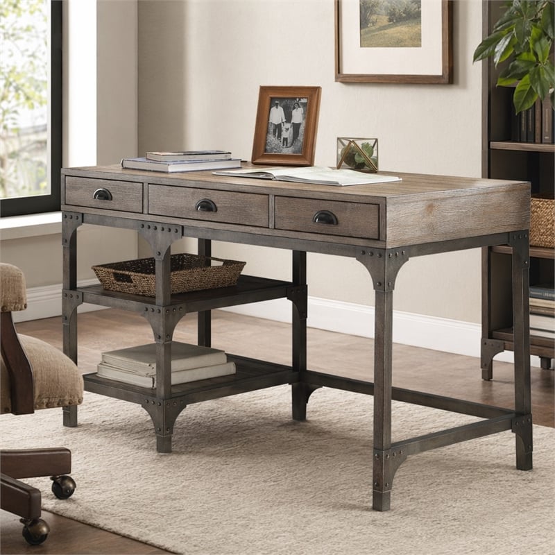 Bowery Hill 3-Drawer Wooden Writing Desk in Weathered Oak Finish