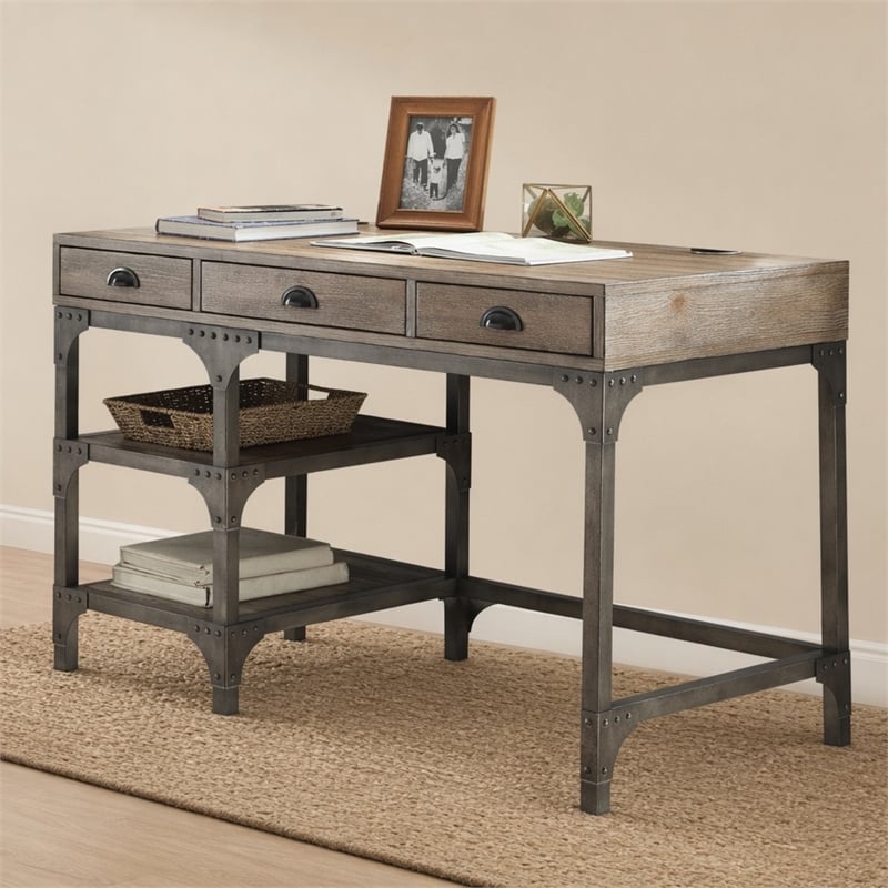 Bowery Hill 3-Drawer Wooden Writing Desk in Weathered Oak Finish