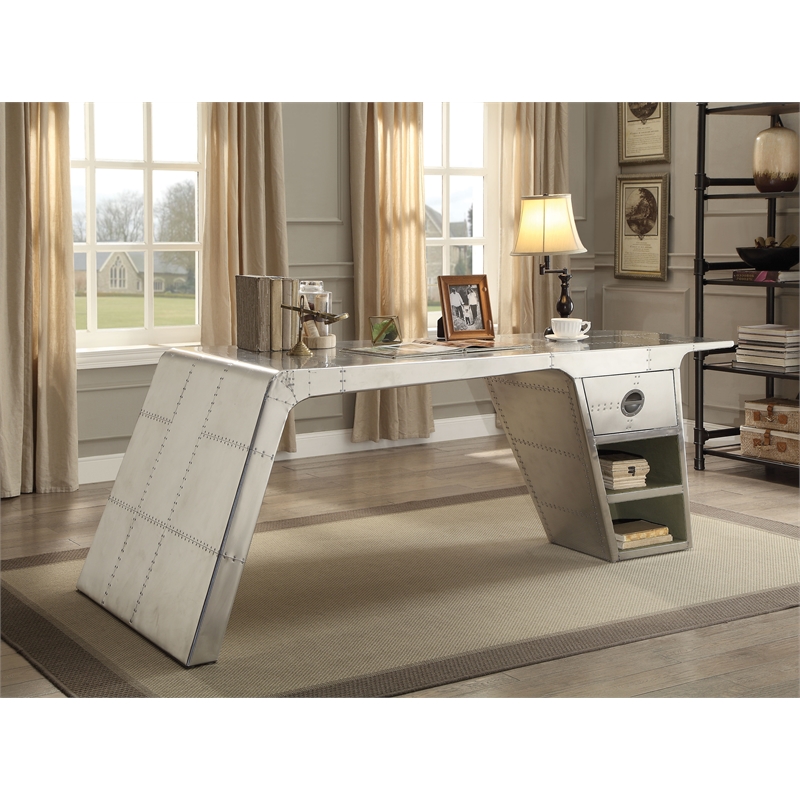 Bowery Hill Industrial 1-Drawer Writing Desk in Aluminum Finish