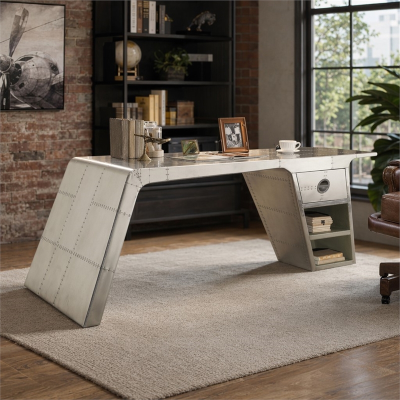 Bowery Hill Industrial 1-Drawer Writing Desk in Aluminum Finish