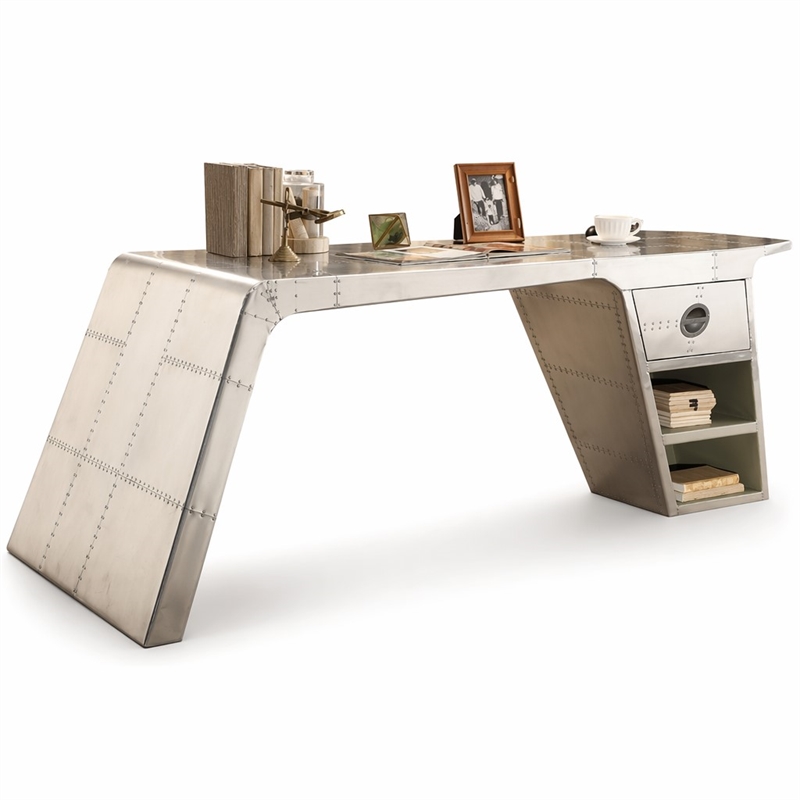 Bowery Hill Industrial 1-Drawer Writing Desk in Aluminum Finish