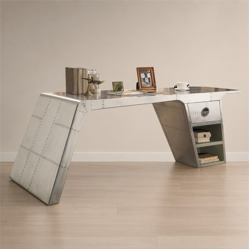 Bowery Hill Industrial 1-Drawer Writing Desk in Aluminum Finish