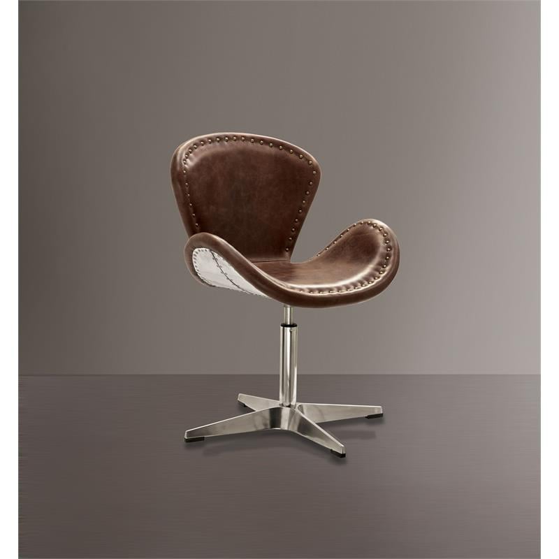 Bowery Hill Leather Accent Chair in Retro Brown and Aluminum