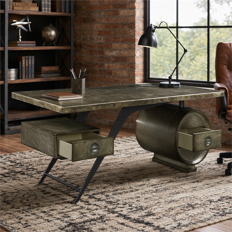 Bowery Hill Aluminum 2-Drawer Executive Desk with USB Port in Bronze