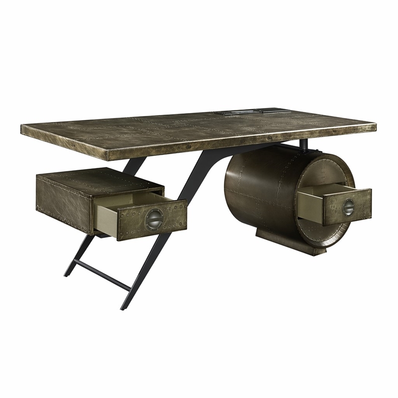 Bowery Hill Aluminum 2-Drawer Executive Desk with USB Port in Bronze
