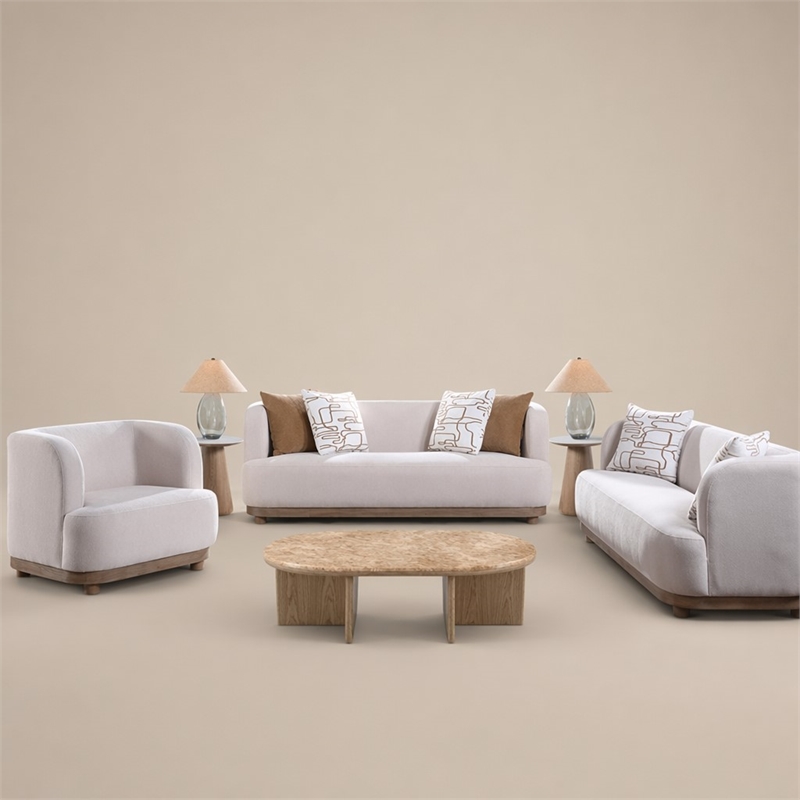 Bowery Hill Duncan Loveseat with 2 Pillows in Beige Chenille