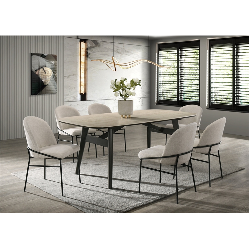 Bowery Hill Lark Dining Table with Travertine Top and Black Base