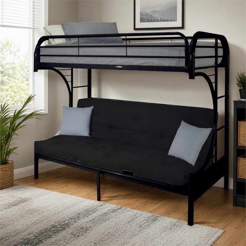 Bowery Hill Twin XL Over Queen Futon Bunk Bed in Black Metal Finish