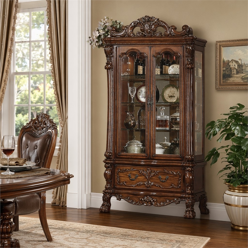 Bowery Hill 2-Door Curio Cabinet with Claw Legs in Cherry Oak Wood