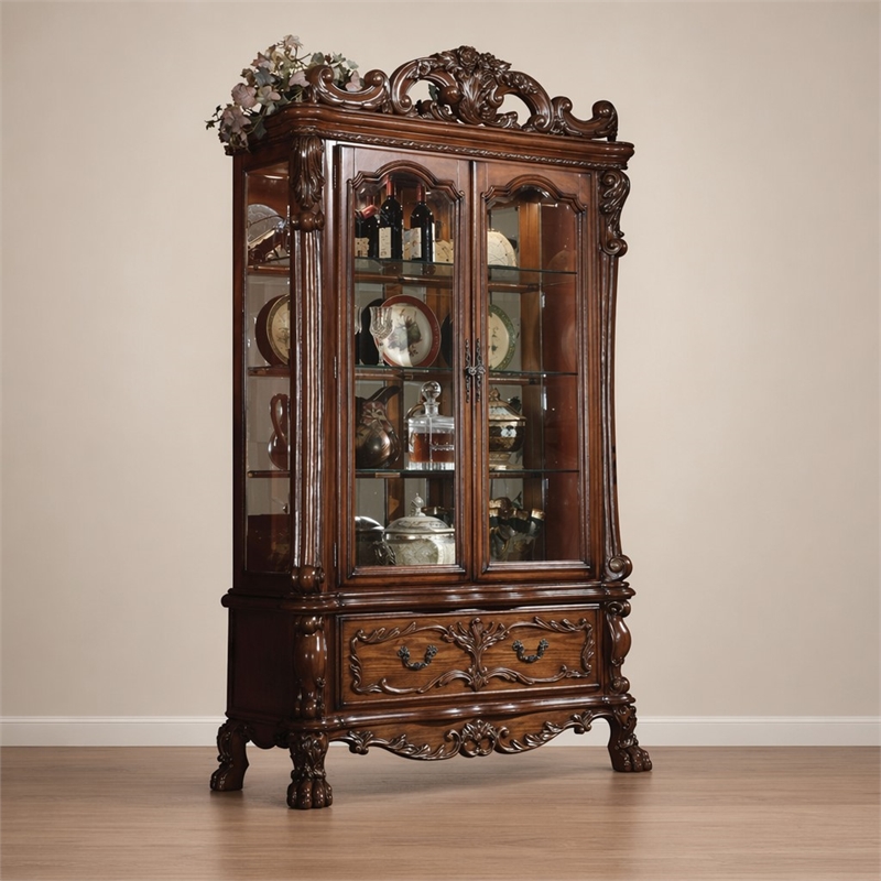 Bowery Hill 2-Door Curio Cabinet with Claw Legs in Cherry Oak Wood
