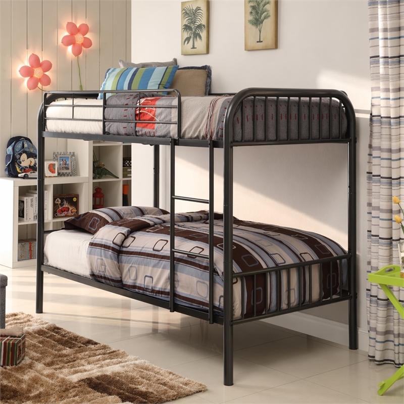 Bowery Hill Twin Over Twin Metal Bunk Bed with Convertible Frame in Gunmetal