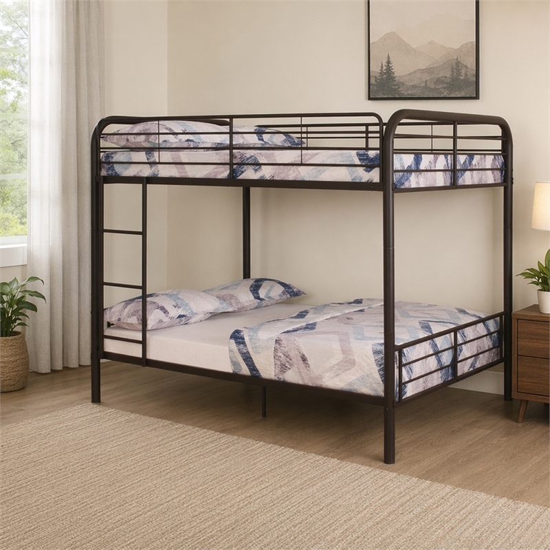 Bowery Hill Metal Full Over Full Bunk Bed with Ladder in Dark Brown