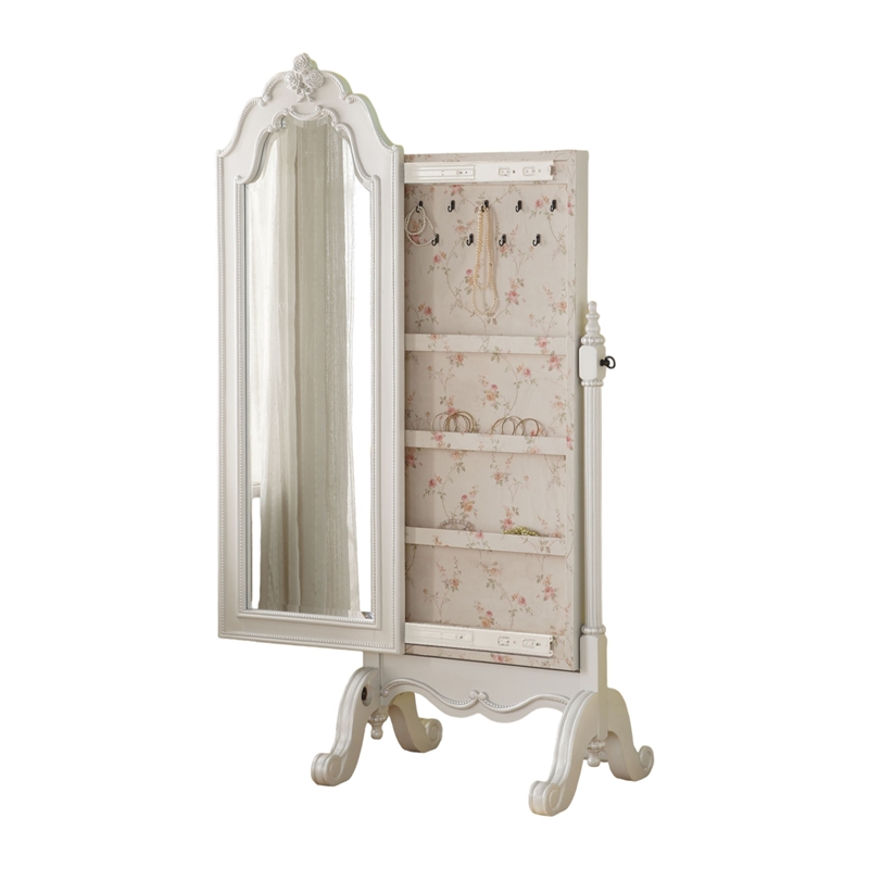 Bowery Hill Jewelry Armoire with Beveled Mirror in Pearl White