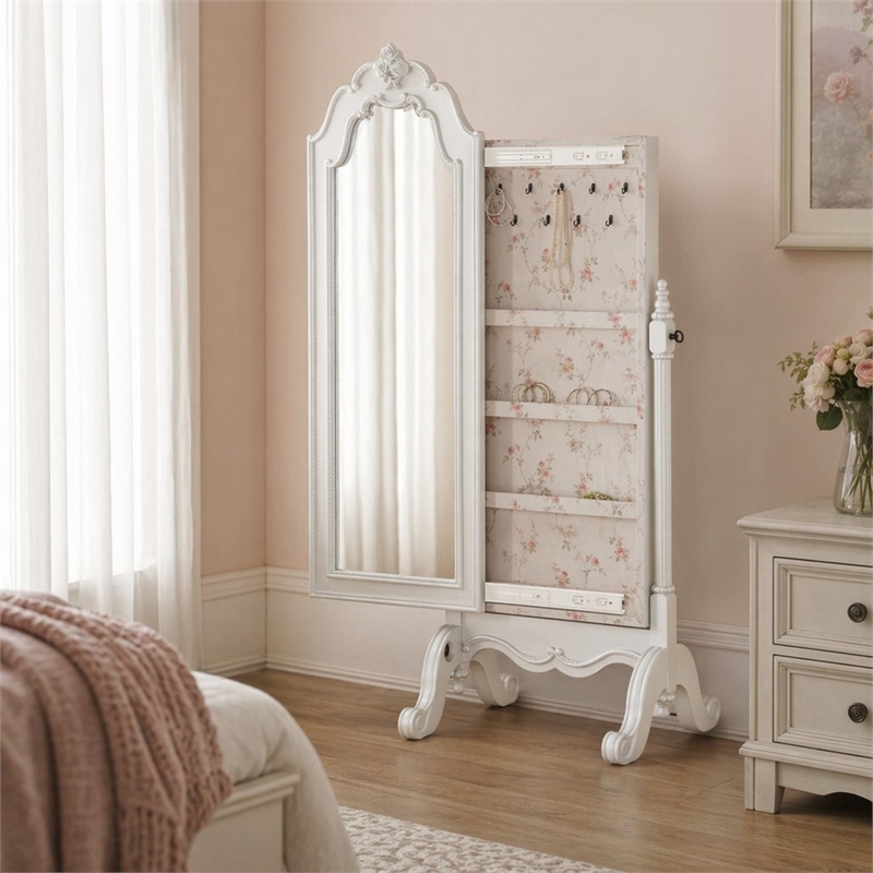 Bowery Hill Jewelry Armoire with Beveled Mirror in Pearl White