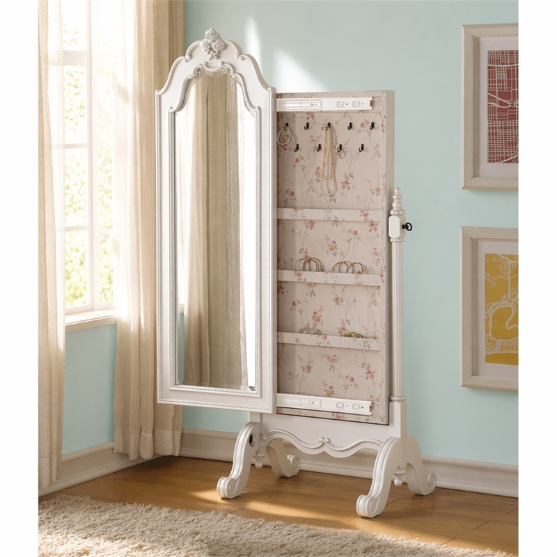 Bowery Hill Jewelry Armoire with Beveled Mirror in Pearl White