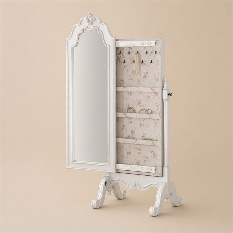 Bowery Hill Jewelry Armoire with Beveled Mirror in Pearl White