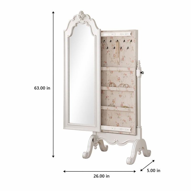 Bowery Hill Jewelry Armoire with Beveled Mirror in Pearl White