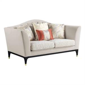 Bowery Hill Velvet Tufted Loveseat with 4 Pillows in Beige Upholstery