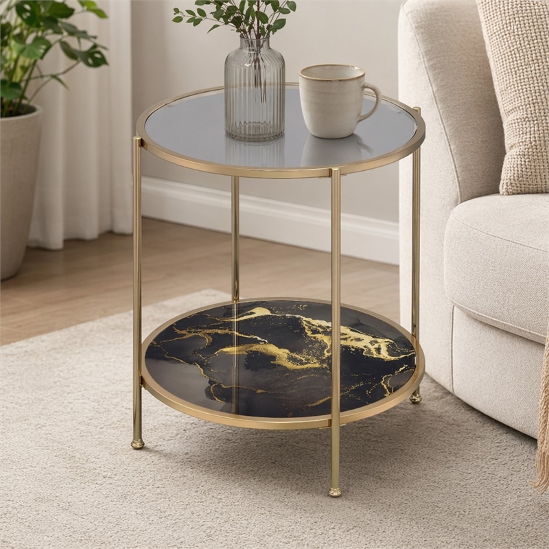 Bowery Hill Round Metal End Table with Black Marble in Gold Finish